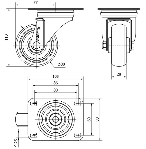 R.GIR.PLACA INOX.10ZVLI80-PGZR POLIAMIX-GOMA GRIS INYECT.RODILLOS