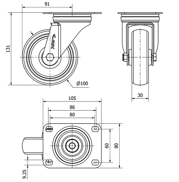 R.GIR.PLACA INOX.10ZVLI100-PGZR POLIAMIX-GOMA GRIS INYECT.RODILLOS