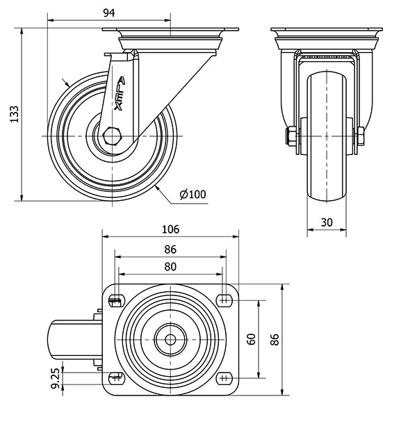 R.GIR.PLACA INOX.10ZVI100-PGZN POLIAMIX-GOMA GRIS INYECT.EJE LISO