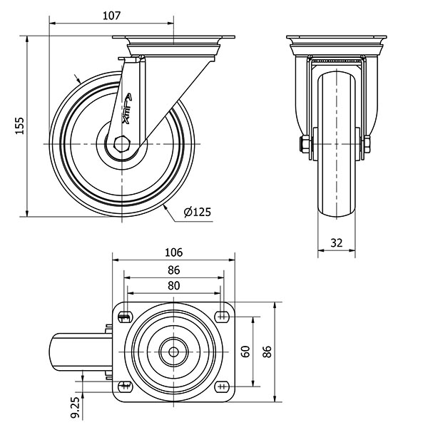 R.GIR.PLACA INOX.10ZVI125-PGZR POLIAMIX-GOMA GRIS INYECT.RODILLOS