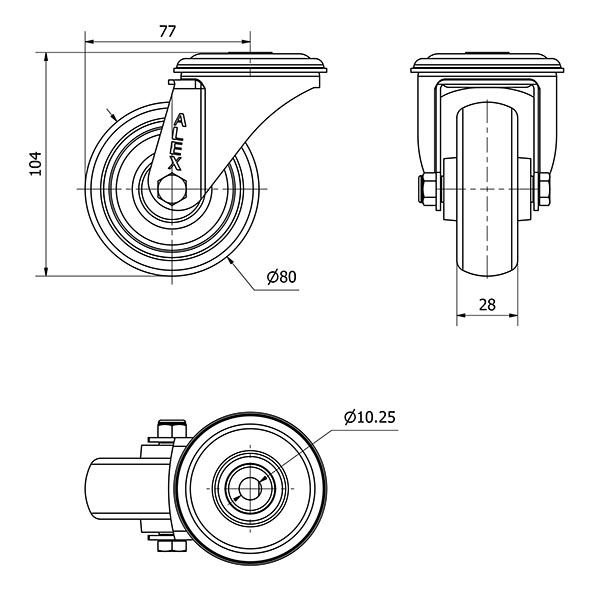 R.GIR.AGUJERO M10 INOX.20ZVLI80-PGZN POLIAMIX-GOMA GRIS INYECT.LISO