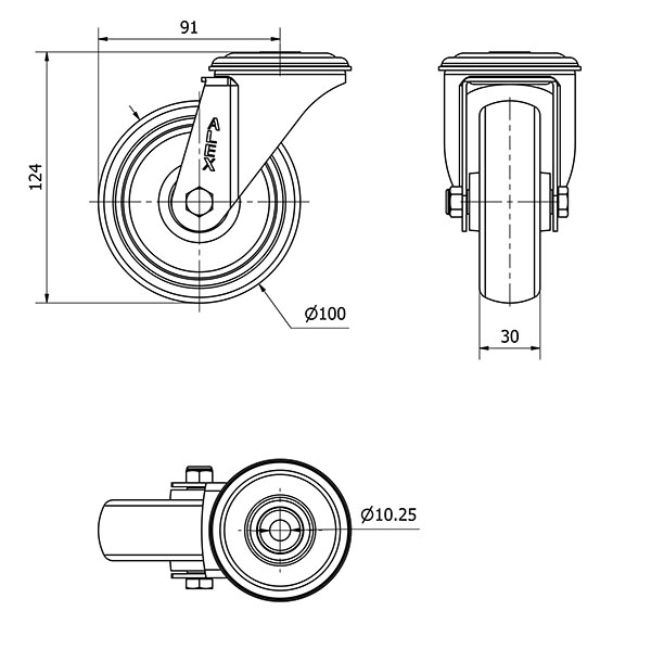 R.GIR.AGUJERO M10 INOX.20ZVLI100-PGZN POLIAMIX-GOMA GRIS INYECT.LISO