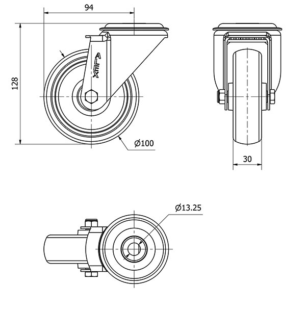 R.GIR.AGUJ.M12 INOX.20ZVI100-PGZR POLIAMIX-GOMA GRIS INYECT.RODILLOS