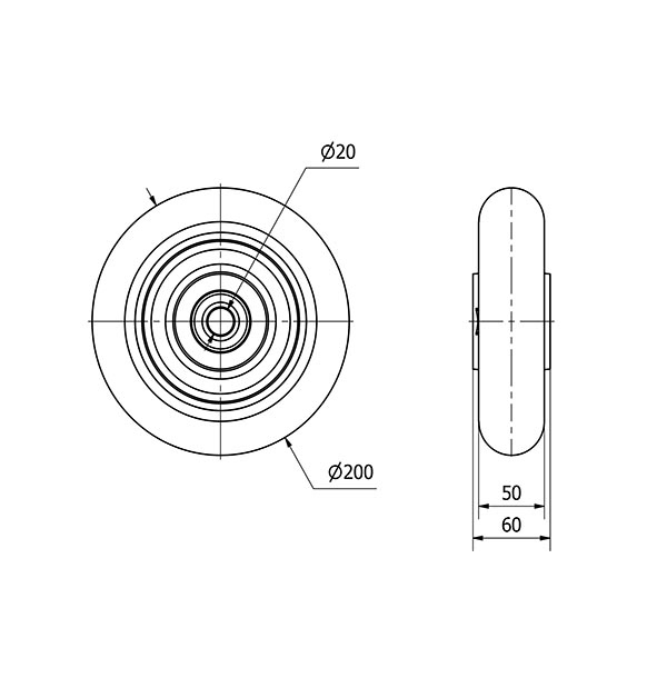 RUEDA HUAB200-20-60 NUCLEO HIERRO Y BANDA POLIUR.NARANJ.BOLAS BALONA