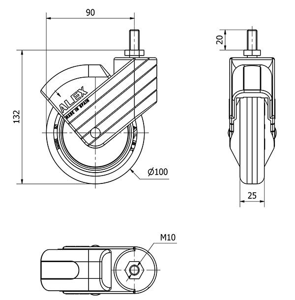 R.GIR.ESPIGA ROSC.M10x20 AZUL 50HP100CP-PLGI POLIAMIX-GOMA NEGR.LISO