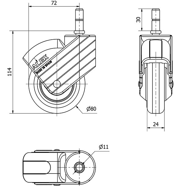 R.GIR.ESPIGA LISA M11x30 GRIS 30HP80CP-PGI POLIAMIX-GOMA GRIS LISO