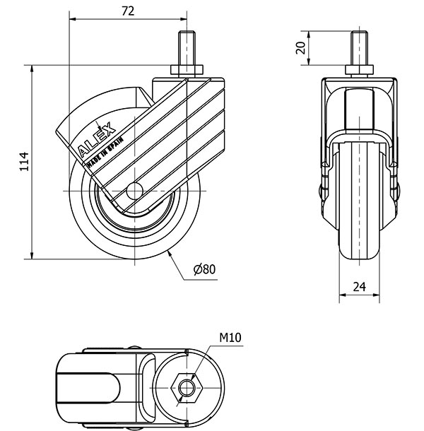 R.GIR.ESPIGA ROSC.M10x20 GRIS 50HP80CP-PGI POLIAMIX-GOMA GRIS LISO