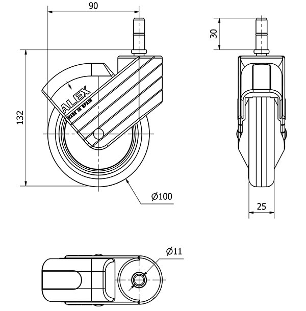 R.GIR.ESPIGA LISA M11x30 GRIS 30HP100CP-PLGI POLIAMIX-GOMA GRIS LISO