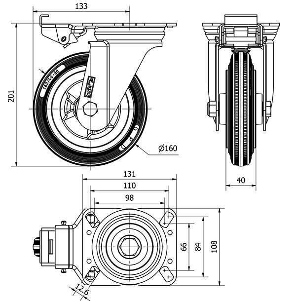 R.GIR.PLACA MEC.DIR.10ZVMD160-PSR POLIAMIX-GOMA NEGRA EJE RODILLOS