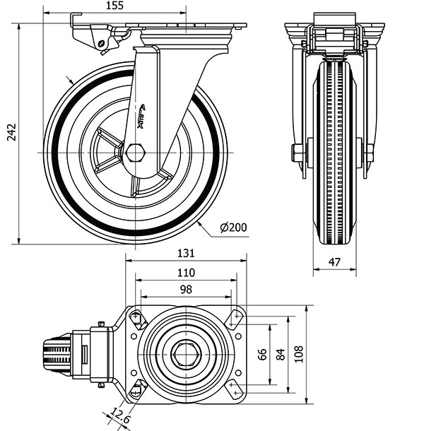 R.GIR.PLACA MEC.DIR.10ZVMD200-PSN POLIAMIX-GOMA NEGRA EJE LISO