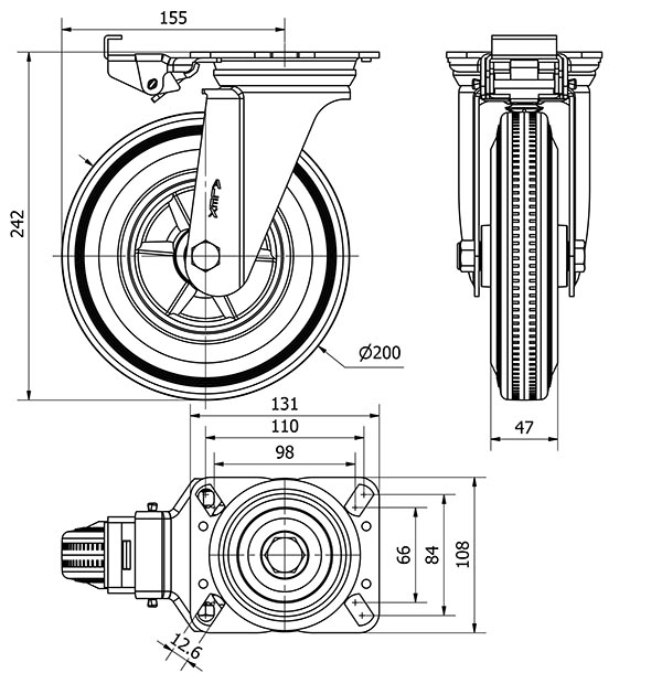 R.GIR.PLACA MEC.DIR.10ZVMD200-PSR POLIAMIX-GOMA NEGRA EJE RODILLOS