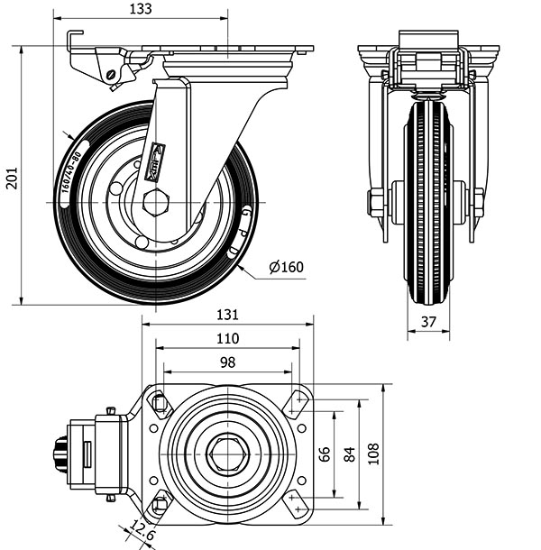 R.GIR.PLACA MEC.DIR.10ZVMD160-BSR METALICO-GOMA NEGRA EJE RODILLOS