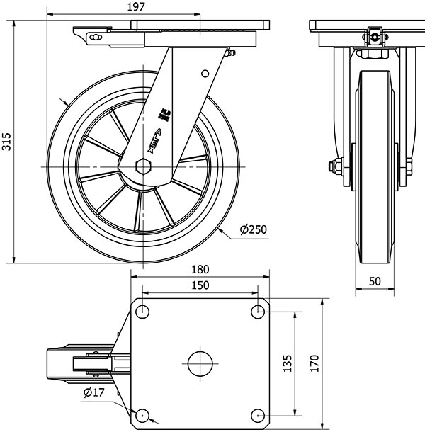 R.GIR.PLACA MEC.DIR.10HLBMD250H-DEB ALUM.-GOMA NEGRA ELASTICA BOLAS