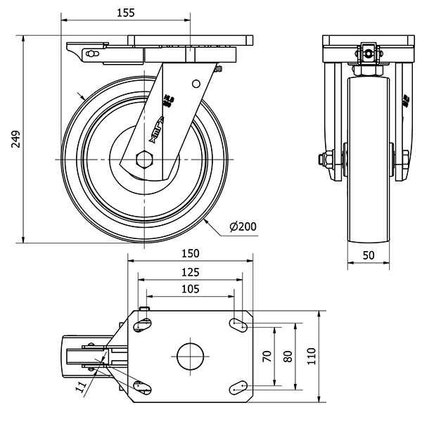 R.GIR.PLACA MEC.DIR.10HLBMD200-PO NYLON BLANCO-POLIUR.ROJO EJE LISO