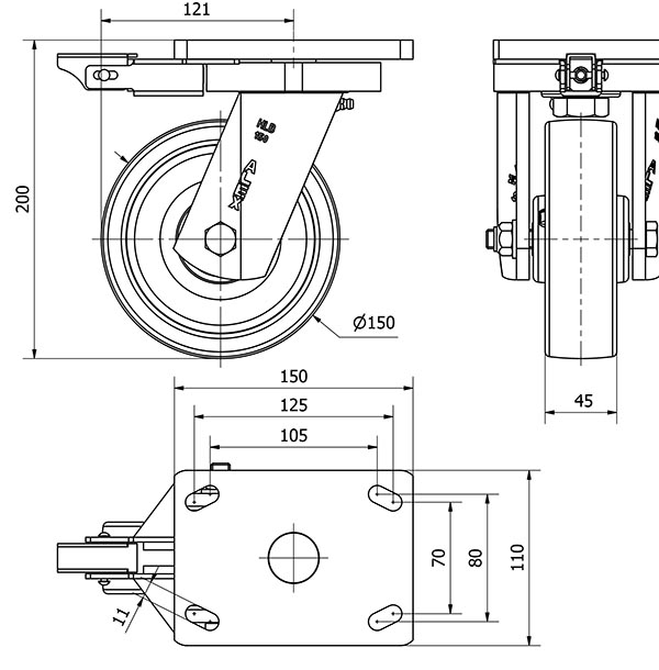 R.GIR.PLACA MEC.DIR.10HLBMD150-FT NYLON BLANCO EXTRAFUERTE EJE LISO