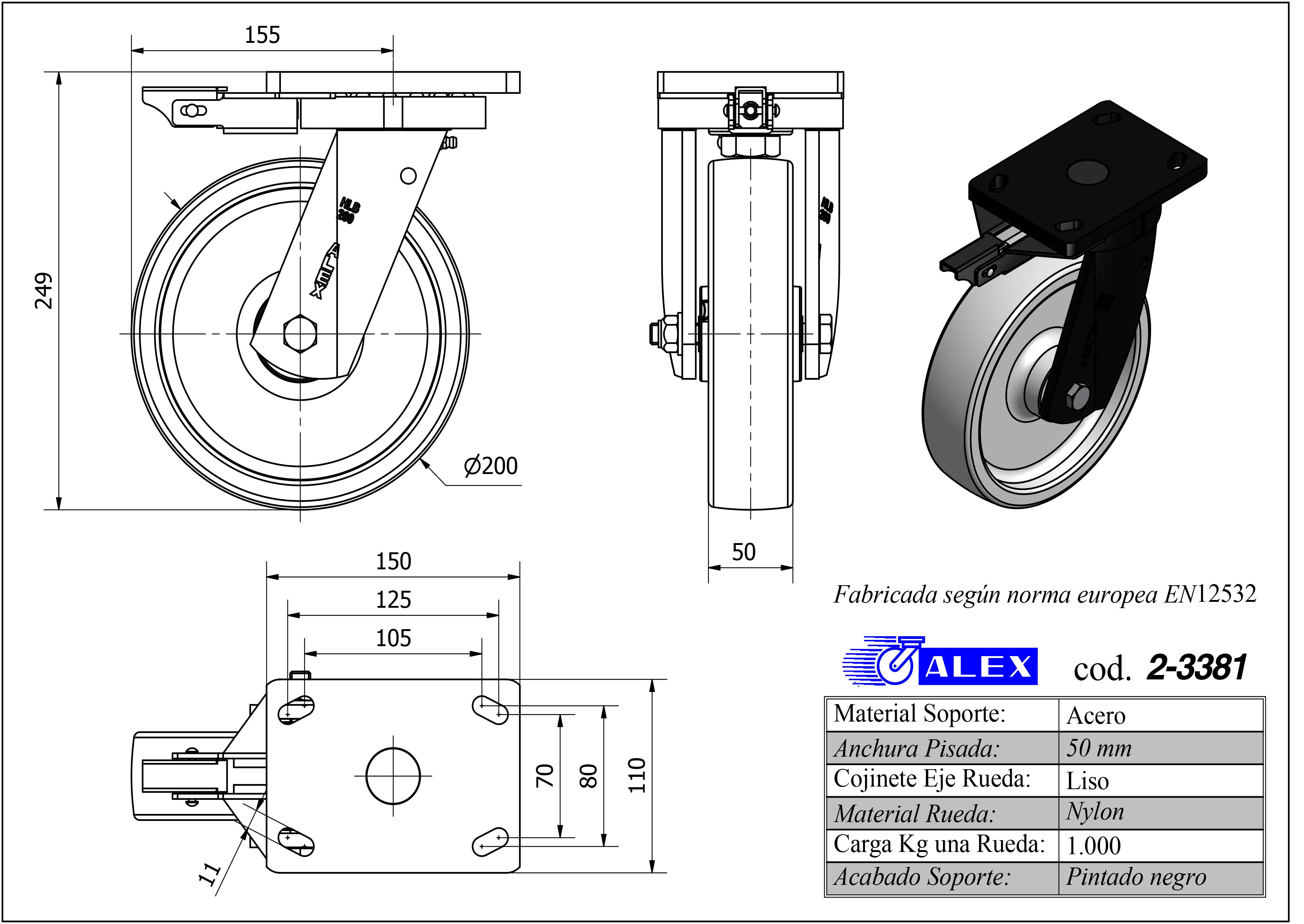 R.GIR.PLACA MEC.DIR.10HLBMD200-FT NYLON BLANCO EXTRAFUERTE EJE LISO