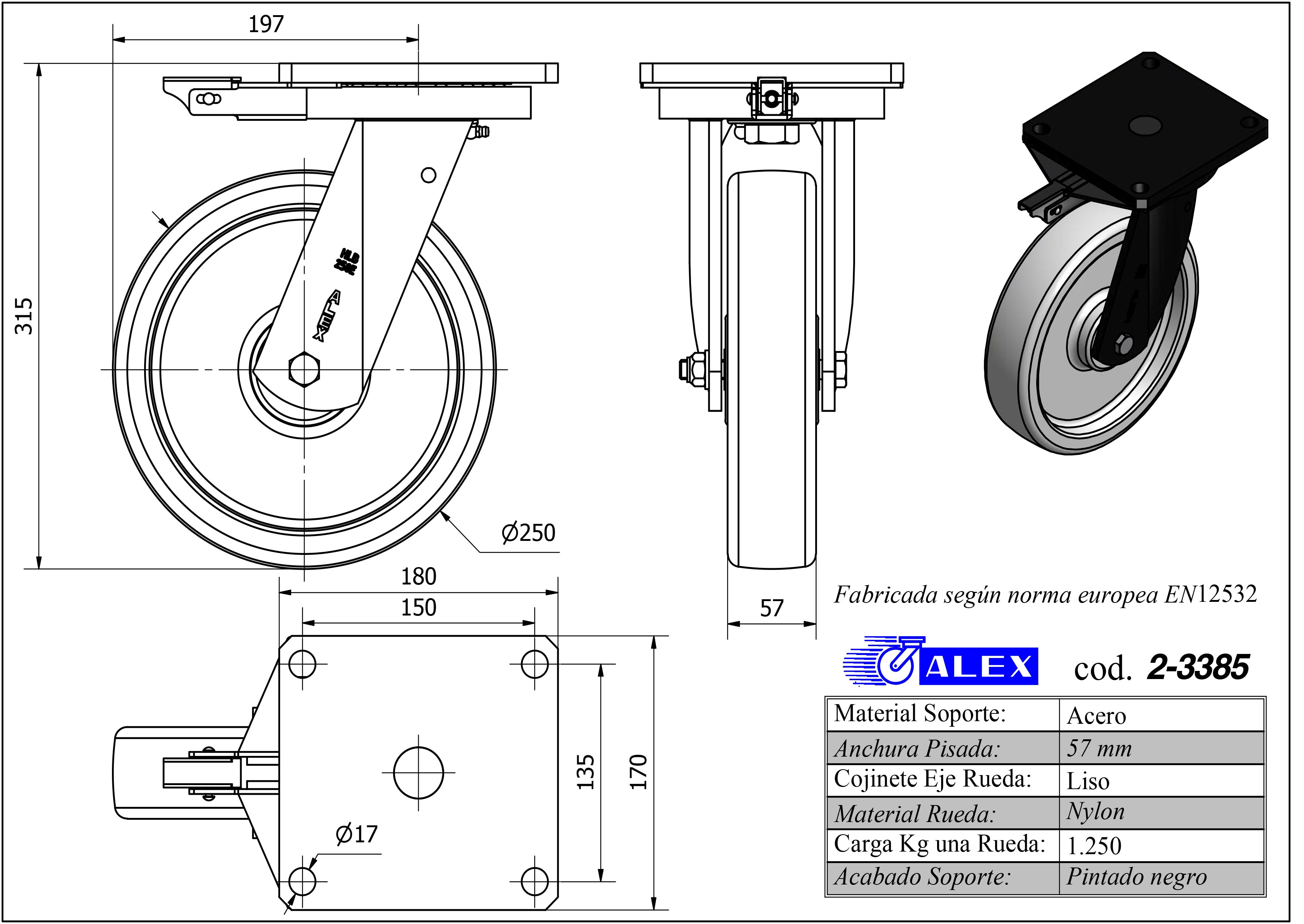 R.GIR.PLACA MEC.DIR.10HLBMD250H-FT NYLON BLANCO EXTRAFUERTE EJE LISO