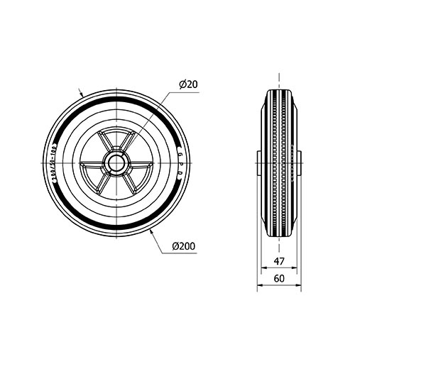 RUEDA PSN200-20-58 NUCLEO POLIAMIX Y BANDA GOMA GRIS EJE LISO