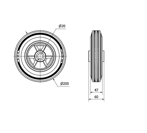 RUEDA PSR200-20-60 NUCLEO POLIAMIX Y BANDA GOMA GRIS EJE RODILLOS