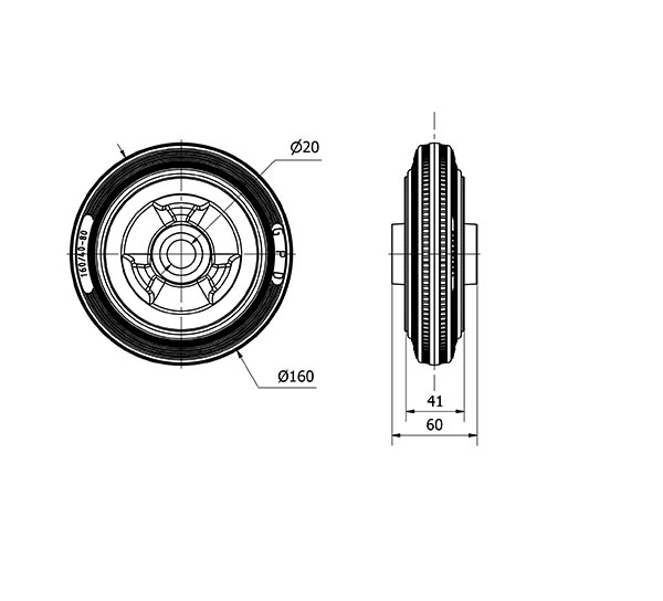 RUEDA PSR160-20-60 NUCLEO POLIAMIX Y BANDA GOMA GRIS EJE RODILLOS