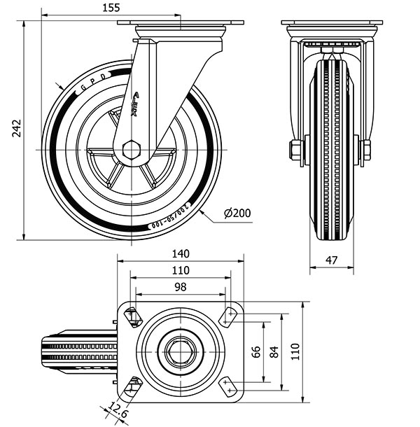R.GIR.PLACA 10ZV200-PSN POLIAMIX-GOMA GRIS EJE LISO