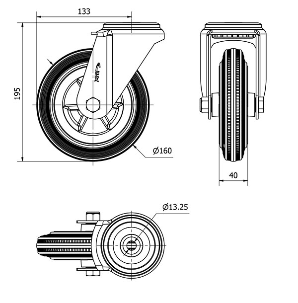 R.GIR.AGUJERO M12 20ZV160-PSN POLIAMIX-GOMA GRIS EJE LISO