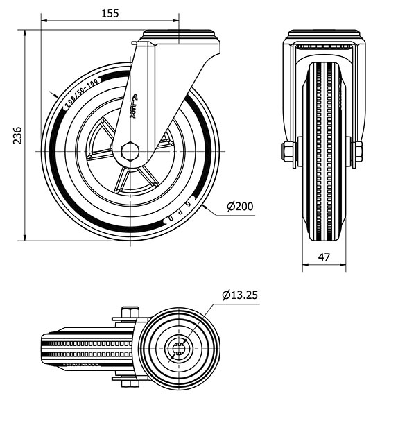 R.GIR.AGUJERO M12 20ZV200-PSN POLIAMIX-GOMA GRIS EJE LISO