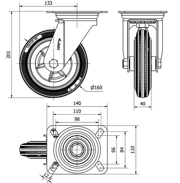 R.GIR.PLACA INOX.10ZVI160-PSN POLIAMIX-GOMA GRIS EJE LISO