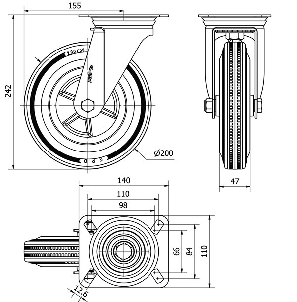 R.GIR.PLACA INOX.10ZVI200-PSN POLIAMIX-GOMA GRIS EJE LISO