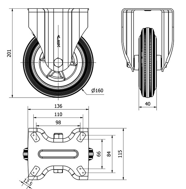 R.FIJA INOX.17ZVI160-PSN POLIAMIX-GOMA GRIS EJE LISO