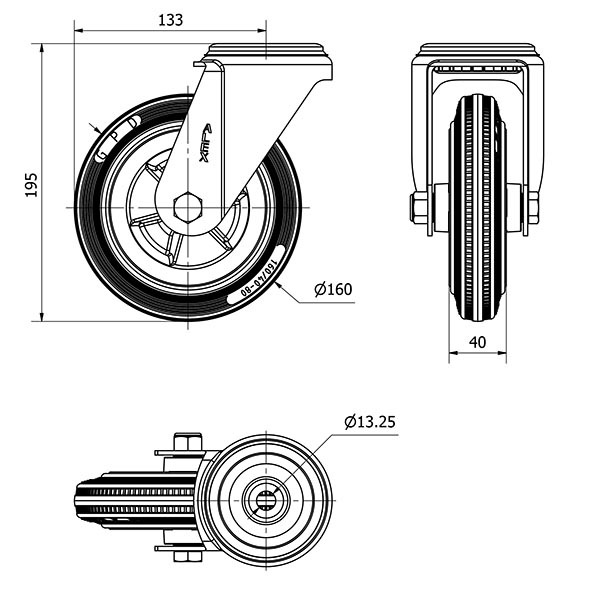 R.GIR.AGUJERO M12 INOX.20ZVI160-PSN POLIAMIX-GOMA GRIS EJE LISO