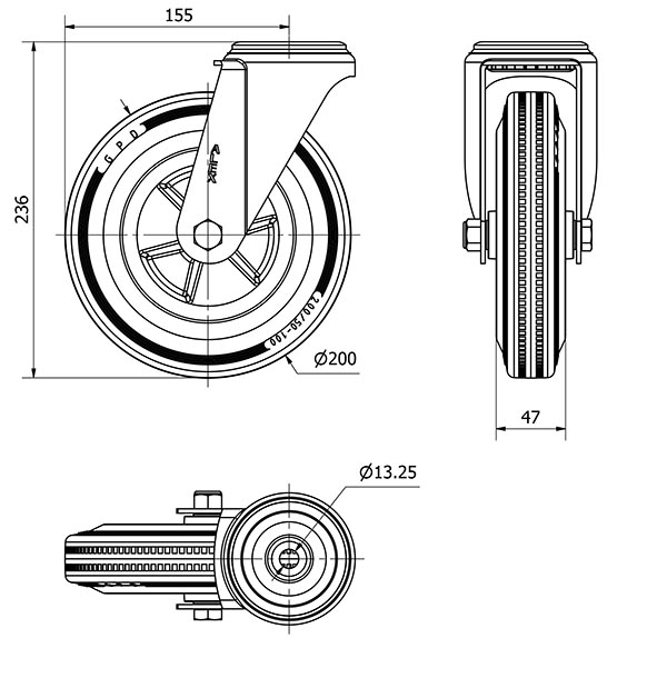 R.GIR.AGUJERO M12 INOX.20ZVI200-PSN POLIAMIX-GOMA GRIS EJE LISO
