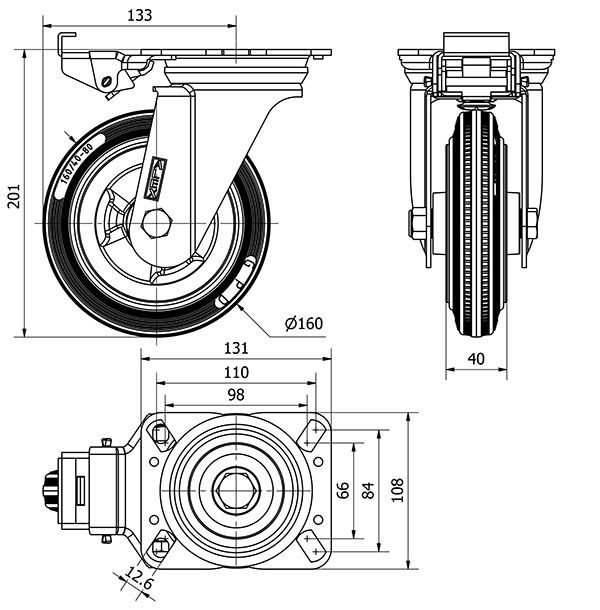 R.GIR.PLACA MEC.DIR.10ZVMD160-PSR POLIAMIX-GOMA GRIS EJE RODILLOS