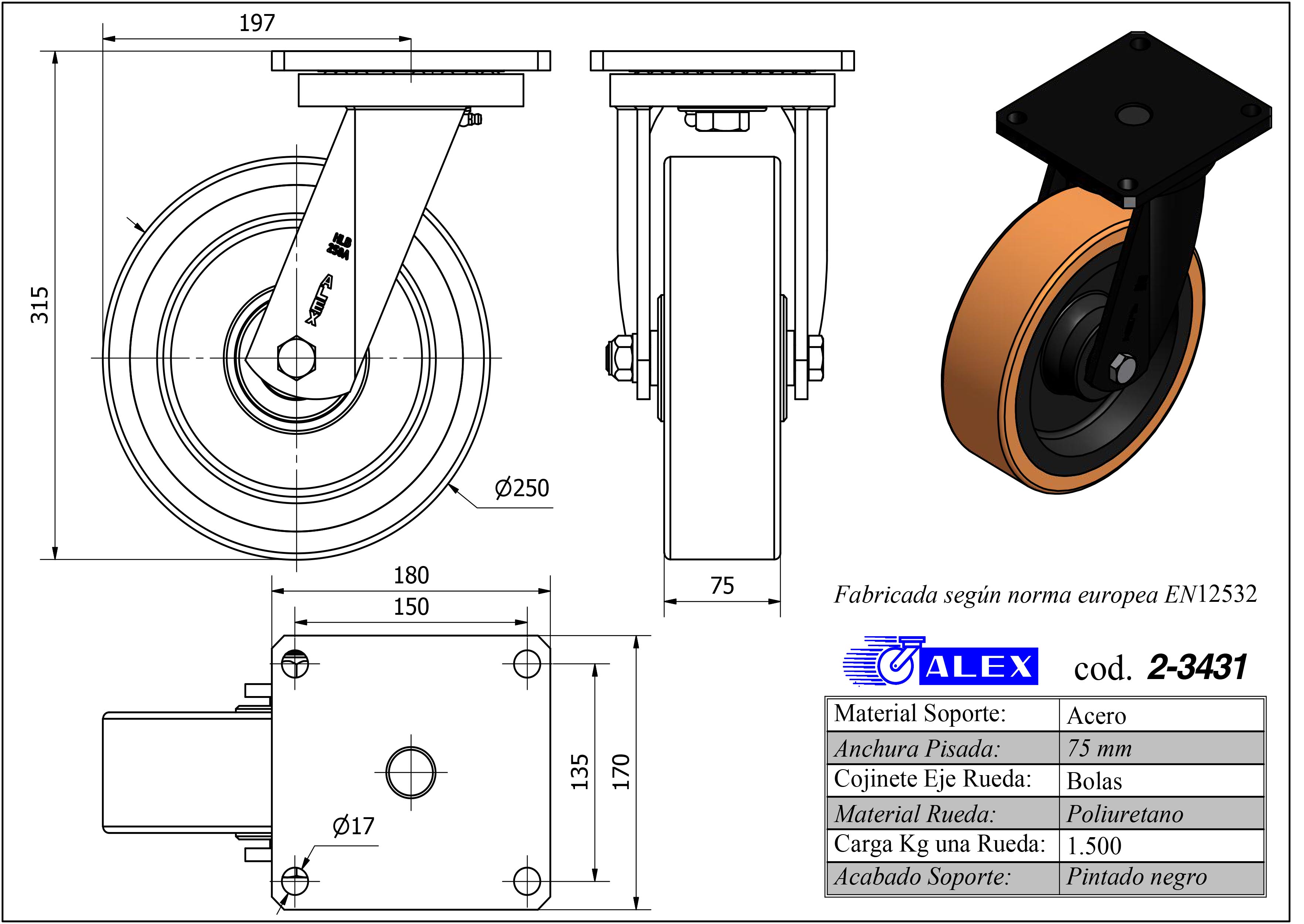 R.GIR.PLACA (ANCHA) 10HLB250A-HUB HIERRO-POLIUR.NARANJA EJE BOLAS