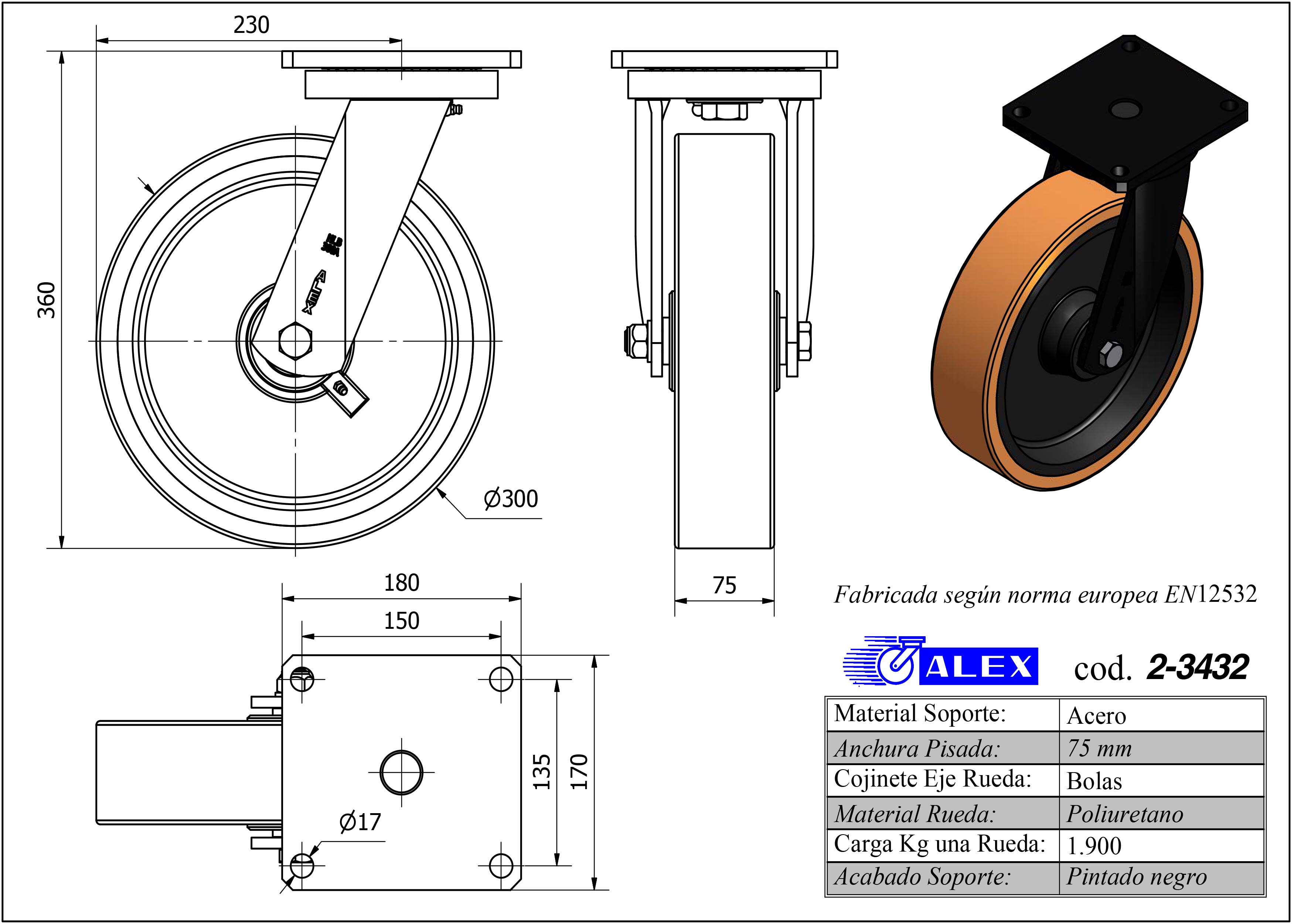 R.GIR.PLACA (ANCHA) 10HLB300A-HUB HIERRO-POLIUR.NARANJA EJE BOLAS