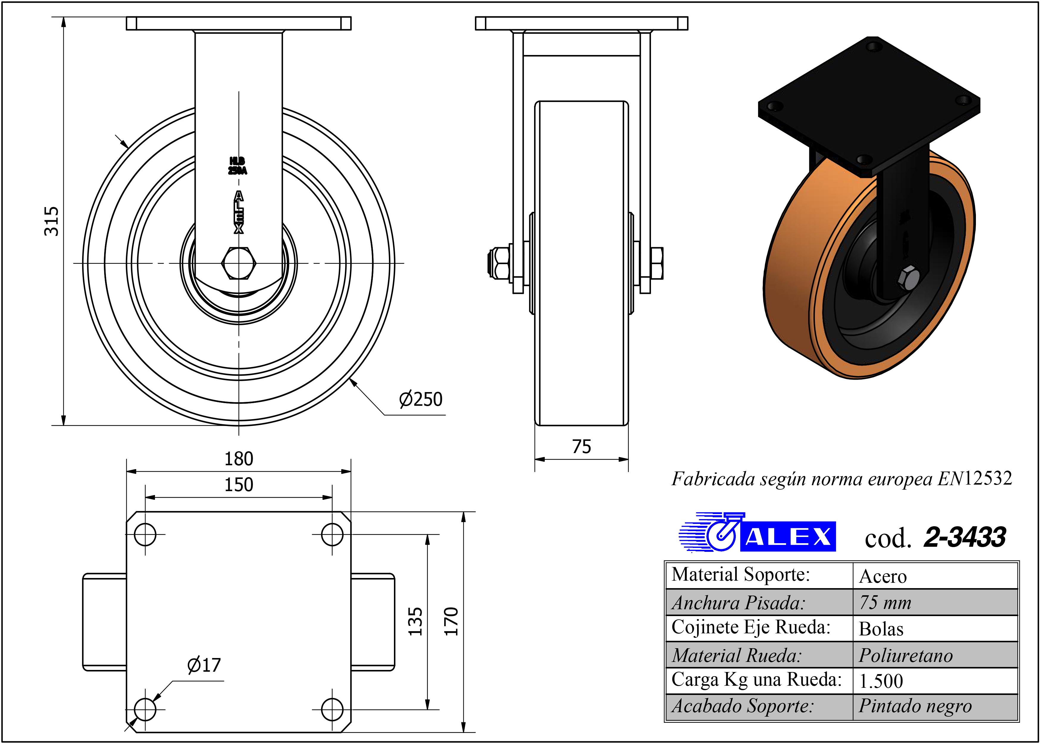 R.FIJA (ANCHA) 17HLB250A-HUB HIERRO-POLIUR.NARANJA EJE BOLAS