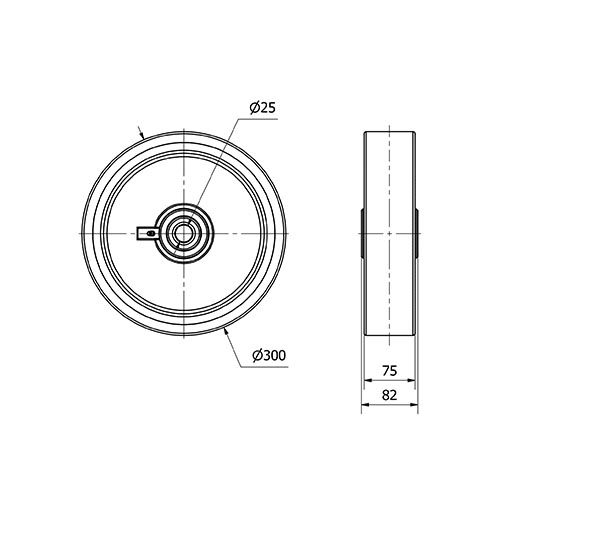 RUEDA HUB300-25-75 NUCLEO HIERRO Y BANDA POLIUR.NARANJA EJE BOLAS