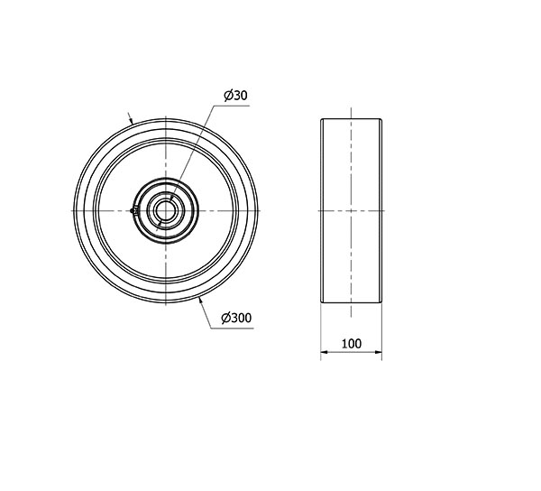 RUEDA HUB300-30-100 NUCLEO HIERRO Y BANDA POLIUR.NARANJA EJE BOLAS