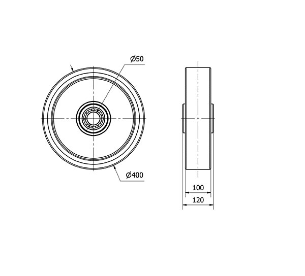 RUEDA HUB400-50-100 NUCLEO HIERRO Y BANDA POLIUR.NARANJA EJE BOLAS