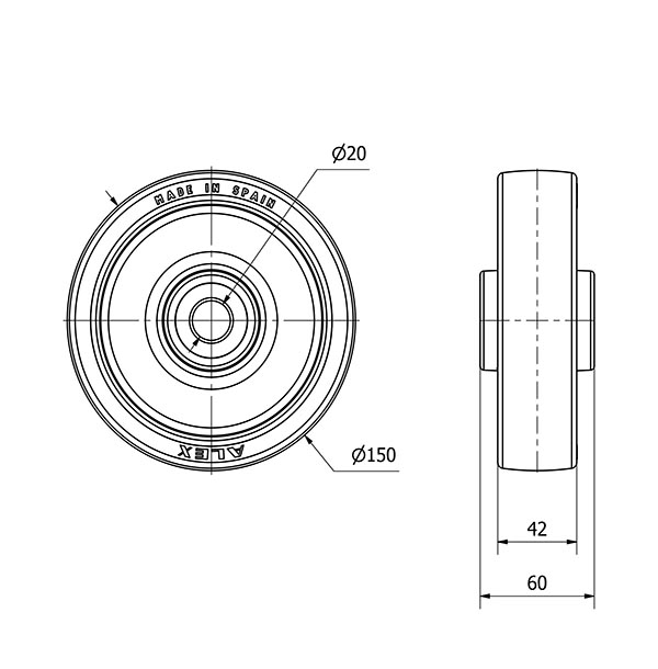 RUEDA POLR150-20-60 NUCLEO POLIAMIX BLANCO Y BANDA POLIUR.MARRON ROD