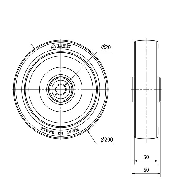 RUEDA POLR200-20-60 NUCLEO POLIAMIX BLANCO Y BANDA POLIUR.MARRON ROD
