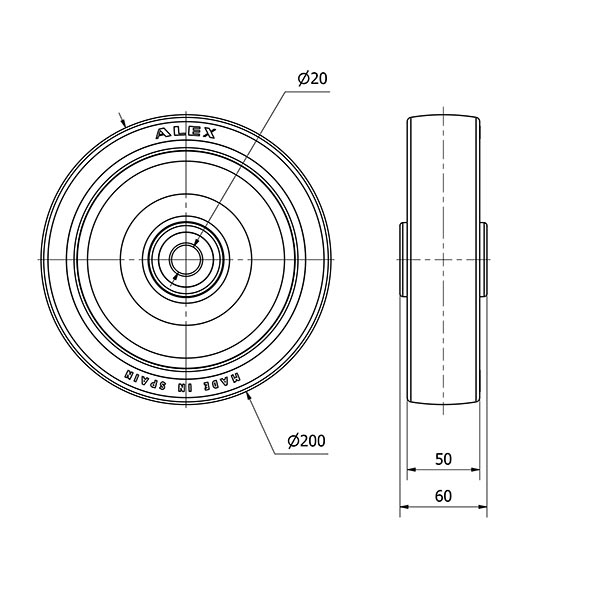 RUEDA POAR200-20-60 NUCLEO POLIAMIX BLANCO Y BANDA POLIUR.AZUL RODIL