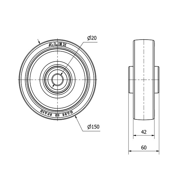 RUEDA POLR150-20-60 POLIAMIX BLANCO Y BANDA POLIUR.MAR(COJ.ROD.INOX)