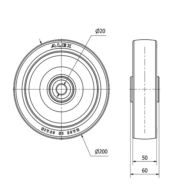 RUEDA POLR200-20-60 POLIAMIX BLANCO Y BANDA POLIUR.MAR(COJ.ROD.INOX)