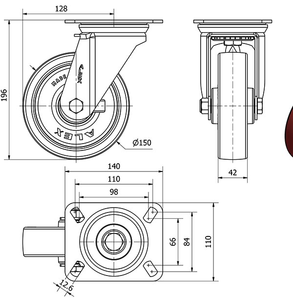 R.GIR.PLACA 10ZV150-POLR POLIAMIX BLANCO-POLIUR.MARRON EJE RODILLOS