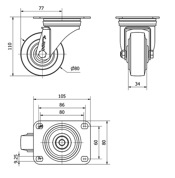 R.GIR.PLACA 10ZVL80-PGMR POLIAMIX-GOMA AZUL EJE RODILLOS