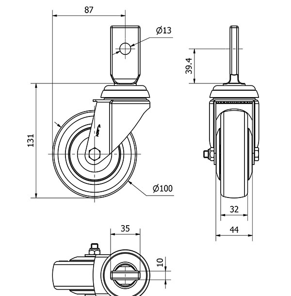R.GIR.ESPIGA PLANA 32BM100CP-PGAISB GOMA GRIS EJE BOLAS
