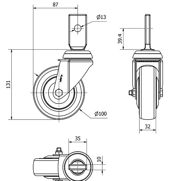 R.GIR.ESPIGA PLANA 32BM100CP-PUISB POLIP.-POLIUR.GRIS EJE BOLAS