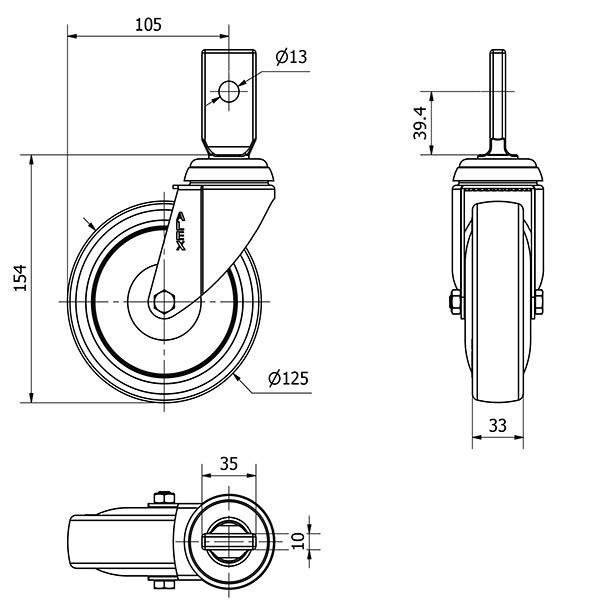 R.GIR.ESPIGA PLANA 32BM125CP-PUISB POLIP.-POLIUR.GRIS EJE BOLAS