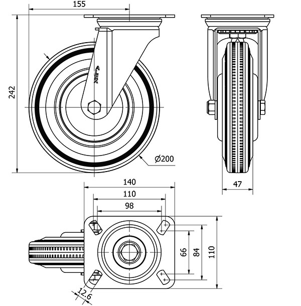 R.GIR.PLACA 10ZV200CP-PSB POLIAMIX-GOMA GRIS EJE BOLAS